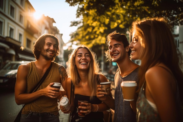 Diferentes personas felices sonriendo en la calle con café al atardecer de verano IA generativa