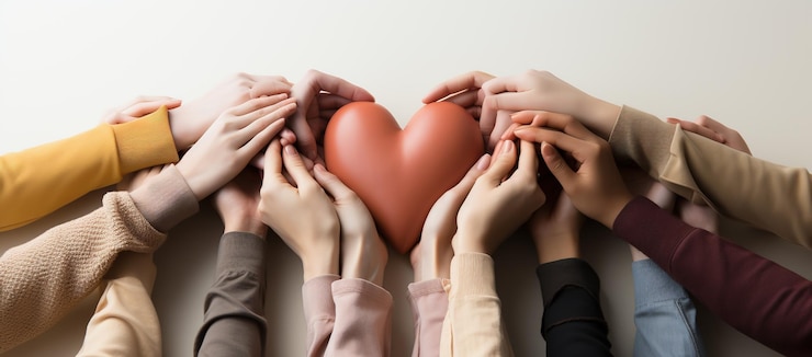 Diferentes personas se unen para un propósito común como diversas personas manos sosteniendo el corazón Generativo Ai
