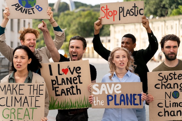 Diferentes pessoas marchando em protesto contra as mudanças climáticas