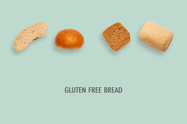 Diferentes piezas de pan sin gluten, diseño minimalista creativo, concepto de comida saludable