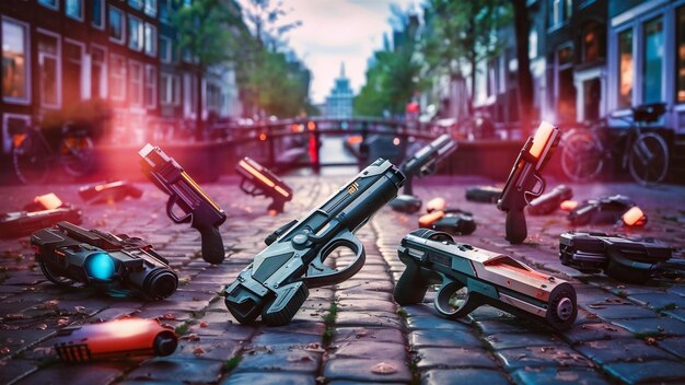 Diferentes pistolas de combustível em algum lugar da cidade de amsterdã.