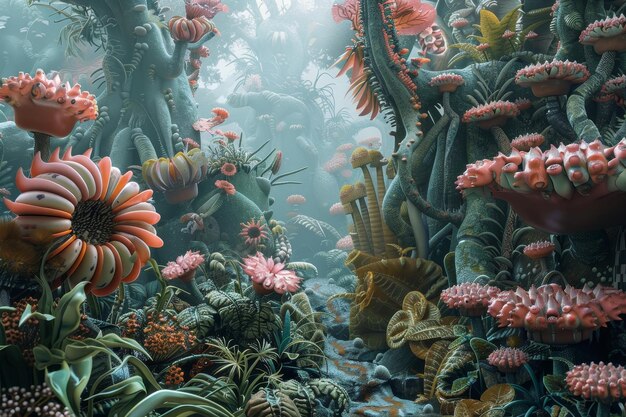 Foto diferentes plantas e flores preenchem a cena subaquática em uma rica e colorida exibição de biodiversidade. imagine uma paisagem estranha com flora e fauna estranhas.