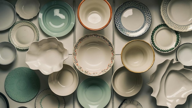 Diferentes platos y cuencos vacíos de cerámica