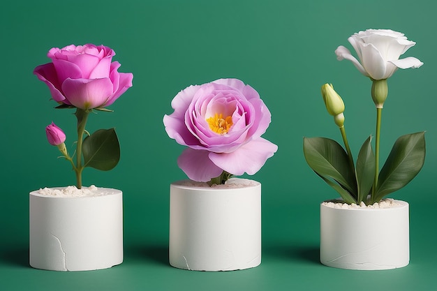 Foto diferentes pódios de gesso e flor de eustoma em fundo verde