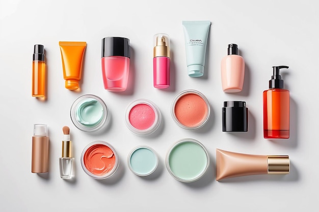 Foto diferentes produtos cosméticos para cuidados pessoais em fundo branco