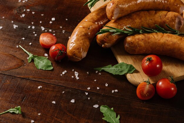 Diferentes salchichas ahumadas con verduras e ingredientes sobre fondo de madera