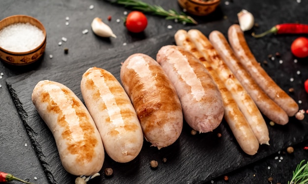 Diferentes salchichas a la parrilla con especias y romero servidas en una tabla de cortar sobre un fondo de piedra con espacio para copiar el texto