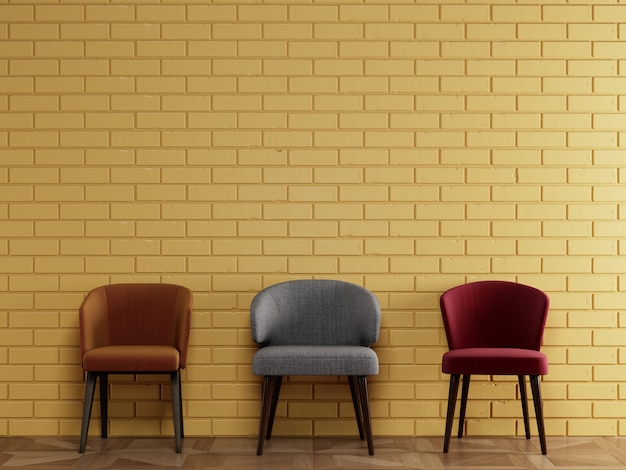 diferentes sillas en estilo moderno de pie delante de la pared de ladrillo
