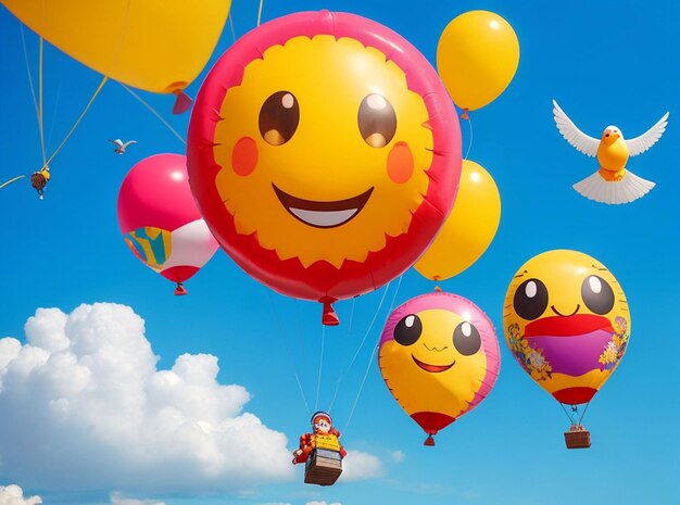 Foto diferentes sonrisas y otros emojis con globos y flores en un fondo hermoso