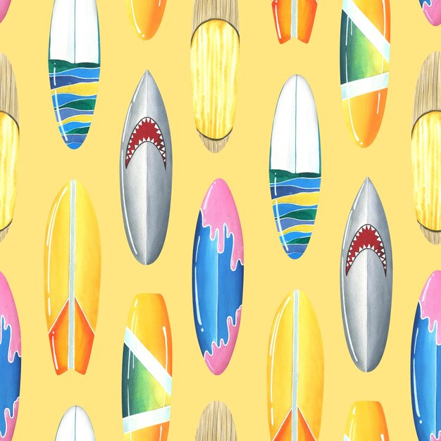 Foto diferentes tablas de surf brillantes coloridas ilustración de acuarela patrón sin costuras sobre fondo naranja de la colección surf para la decoración y el diseño del mar de playa de verano