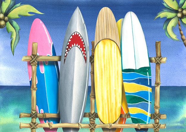 Diferentes tablas de surf sobre un soporte de tallos de bambú sobre el fondo del cielo del mar y palmeras Ilustración en acuarela Composición de la colección SURFING Para decoración y diseño