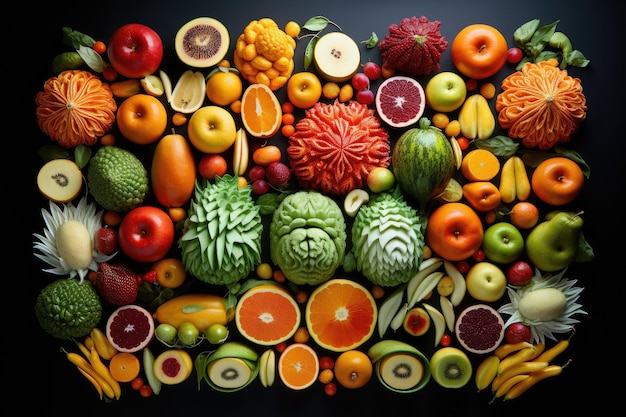 Diferentes tallas de verduras y frutas.