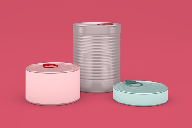 Diferentes tamanhos de latas na frente em fundo rosa