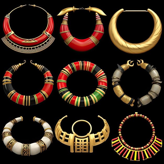 Diferentes tipos de accesorios étnicos como collares, pulseras y aretes.