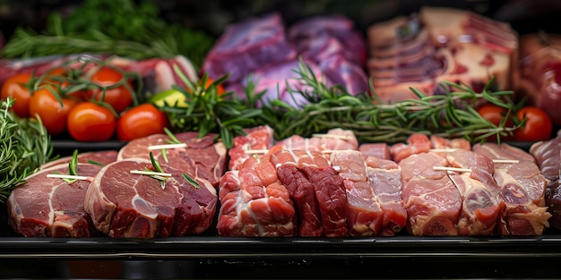 Foto diferentes tipos de carne roja cruda exhibida en el departamento de carne de un supermercado concepto cortes de carne cruda aves frescas cordero marmolado carne de cerdo orgánica varias salchichas