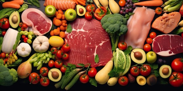 Foto diferentes tipos de carnes, verduras y frutas se encuentran en los supermercados.