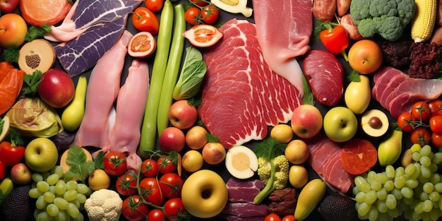 Foto diferentes tipos de carnes, verduras y frutas se encuentran en los supermercados.