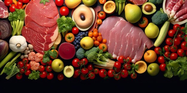 Foto diferentes tipos de carnes verduras y frutas ponen en los supermercados ia generativa