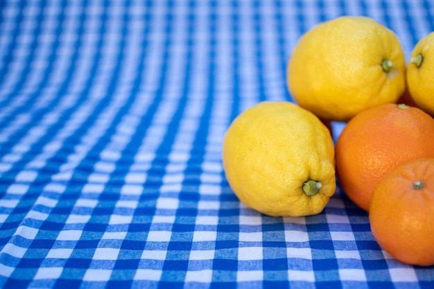 Diferentes tipos de cítricos Limones naranjas y mandarinas Fondo de mantel a cuadros azul