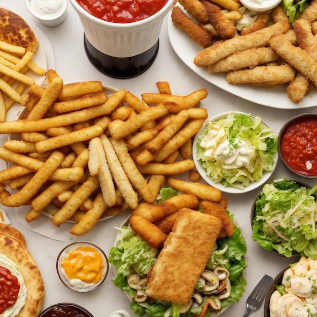 Foto diferentes tipos de comida rápida desde diferentes puntos de vista