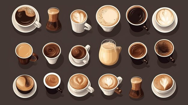 Diferentes tipos de café Conjunto de diferentes tipos de café