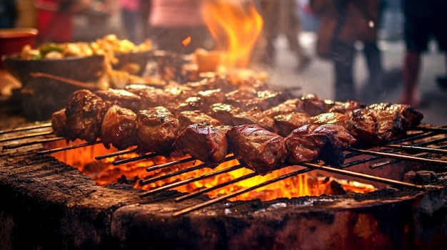 Diferentes tipos de carne e vegetais são preparados em uma grelha de tamanho considerável Um festival de comida de rua The Generative AI