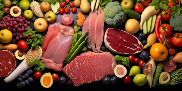 Diferentes tipos de carnes, vegetais e frutas estão em supermercados Generative AI