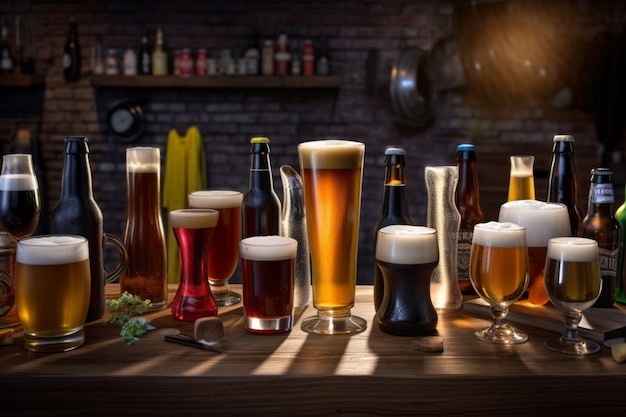 Diferentes tipos de cerveja no bar bar do pub Variedade de cerveja Copos frios diferentes de cerveja na mesa de madeira generativa ai