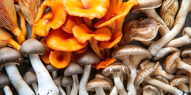 Foto diferentes tipos de cogumelos comestíveis que são populares por seus benefícios para a saúde na culinária conceito shiitake maitake reishi lion39s mane cordyceps