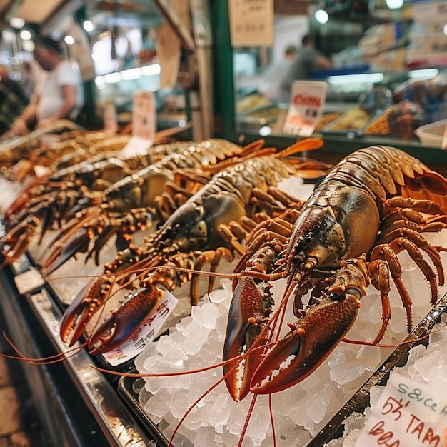 Diferentes tipos de crustáceos à venda num mercado de Barcelona