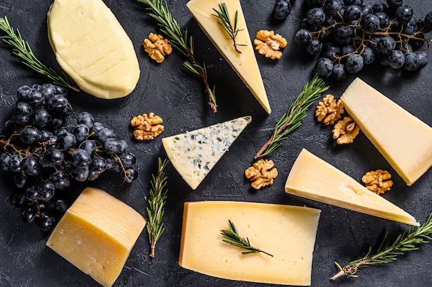 Diferentes tipos de deliciosos queijos, nozes e uvas. Vista do topo