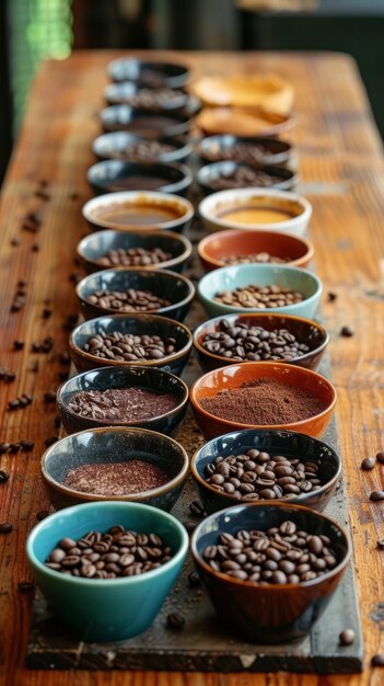 Diferentes tipos de grãos de café em tigelas de cerâmica em uma mesa de madeira