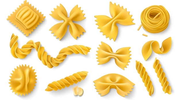 Diferentes tipos de massa italiana isolados em fundo branco