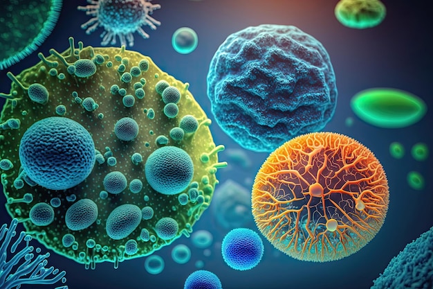 Diferentes tipos de micróbios Células de vírus e bactérias em fundo abstrato