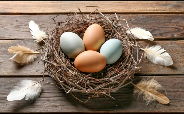 diferentes tipos de ovos ninho com penas fundo de madeira conceito de Páscoa