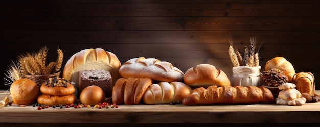 Diferentes tipos de pães e doces conceito de comida banner panorama Generative Ai