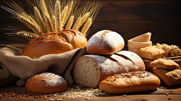 Diferentes tipos de pão com nutrientes de grãos inteiros