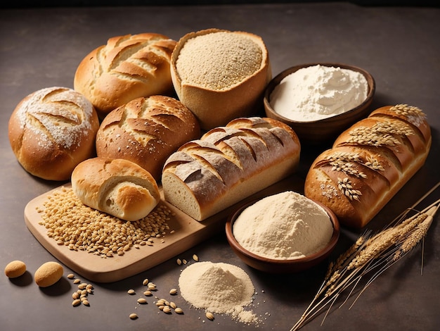 Diferentes tipos de pão feitos com farinha de trigo gerada por IA
