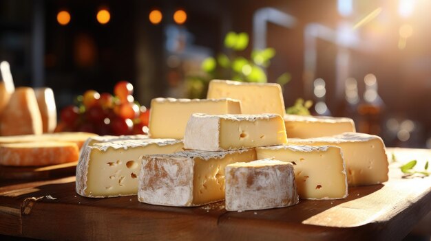 Foto diferentes tipos de queijo em tábuas de madeira em close-up produtos lácteos