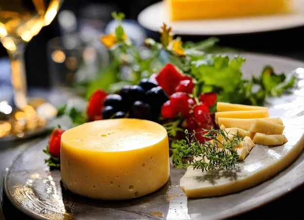 Foto diferentes tipos de queijo num prato de madeira