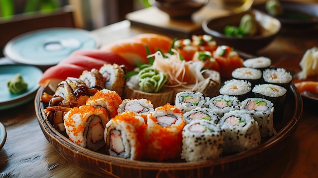 diferentes tipos de rolos e sushi em um prato redondo em uma mesa de madeira