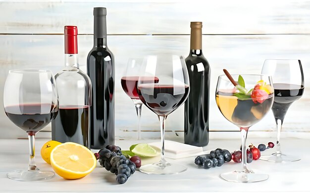 Diferentes tipos de vinho e coquetéis de vinho em copos preparados para degustação em mesa branca em ambientes fechados