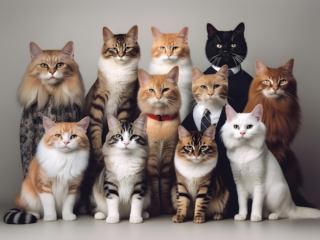 Diferentes tipos e tamanhos de grupos de gatos gerados por IA