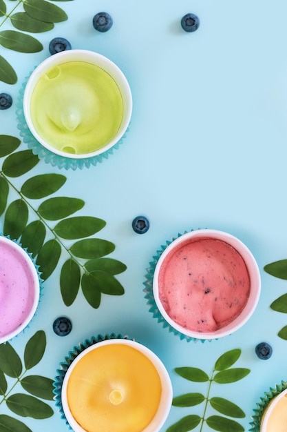 Diferentes tipos de helados de frutas veganas con hojas y arándanos sobre un fondo azul.