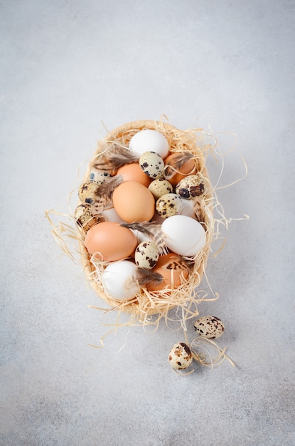 Diferentes tipos de huevos en una canasta sobre una mesa de concreto gris