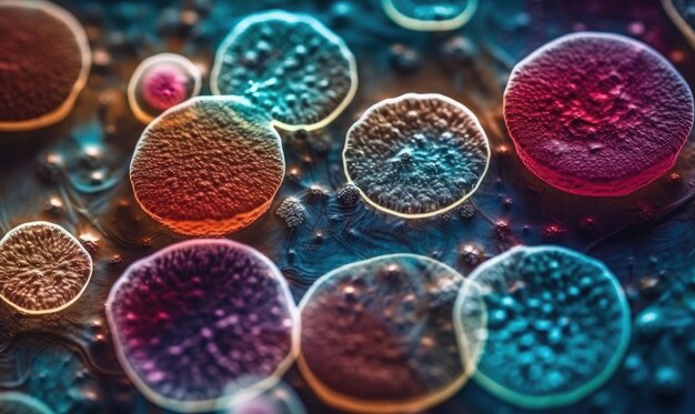 Foto diferentes tipos de microbios, células virales y bacterias generativas de ia