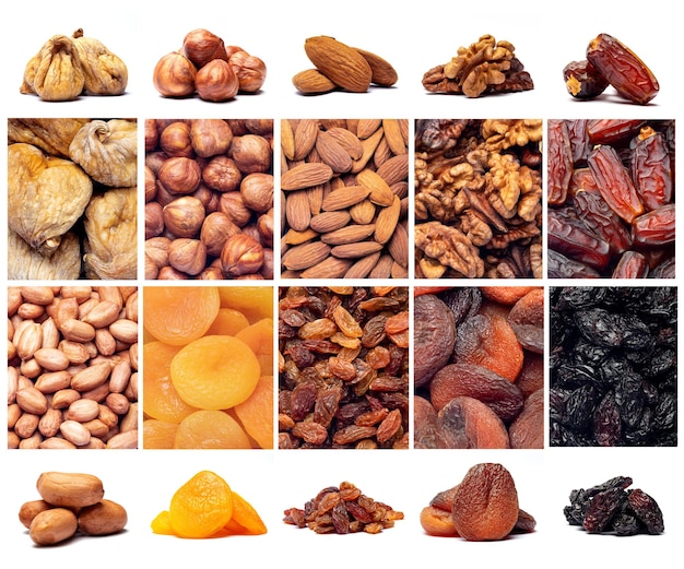 Diferentes tipos de nueces y frutas crudas orgánicas recolectadas en un marco aislado sobre fondo blanco