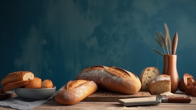 Diferentes tipos de pan en una mesa de madera con cuchillo y tenedor generativo ai