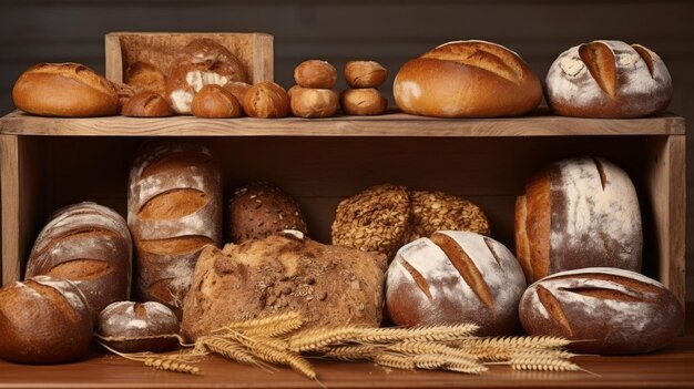 Foto diferentes tipos de pan en la panadería varios productos de panadería hechos a mano panadería delicias