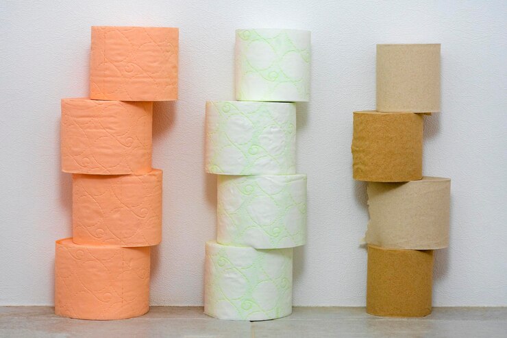 Diferentes tipos de papel higiénico Filas de bobinas de inodoro Papel higiénico suave Concepto de higiene